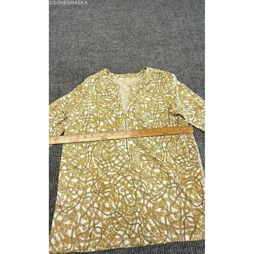 Michael Kors Yellow Women's Blouse Gold Chain Link Print Zip Front Top - Medium